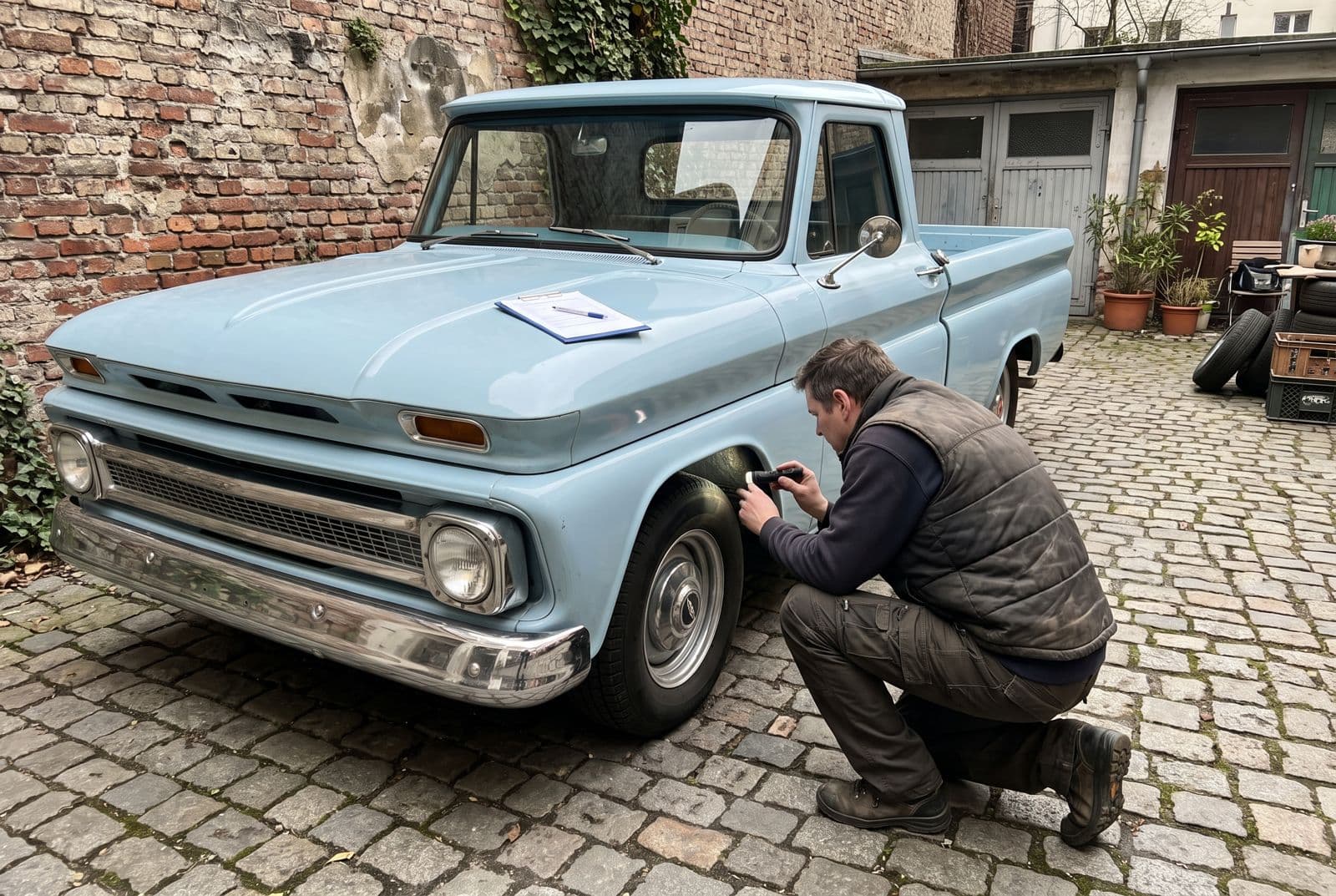 Sachverständiger prüft einen restaurierten amerikanischen Pickup aus den 1960er-Jahren in einem Berliner Hinterhof